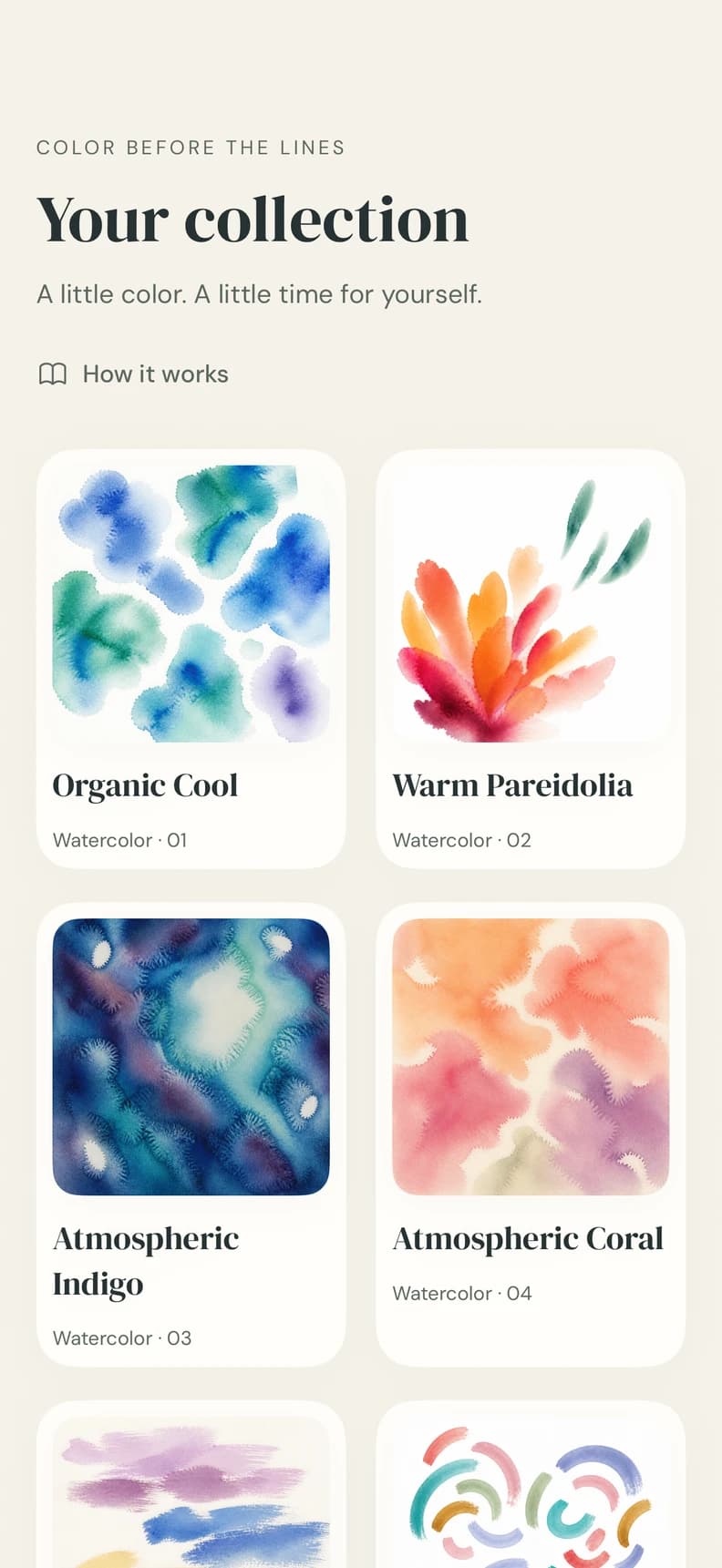 Color Before the Lines on iPhone: the collection of watercolors